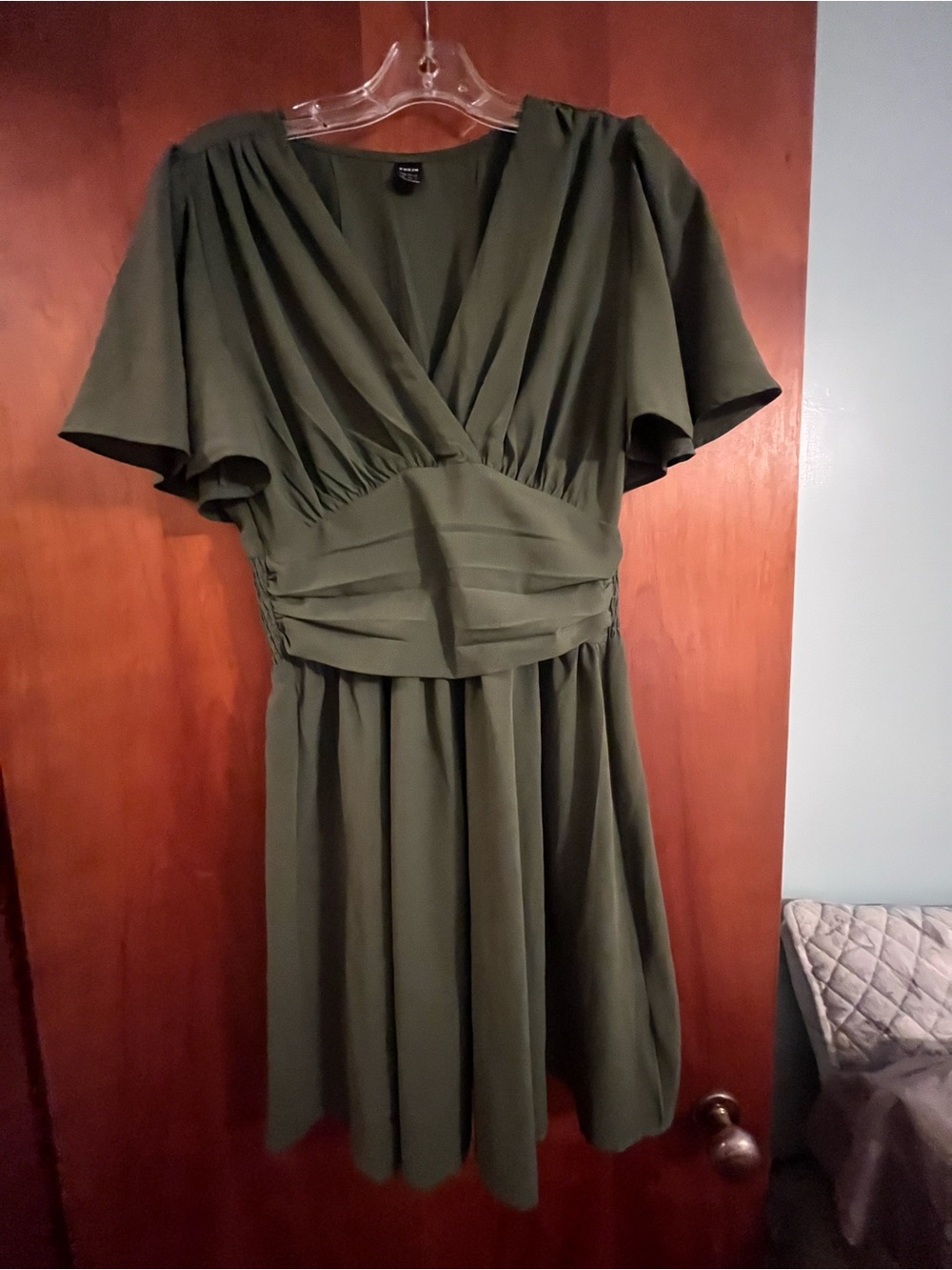 Olive Green V-Neck Waist-Detail Dress-small